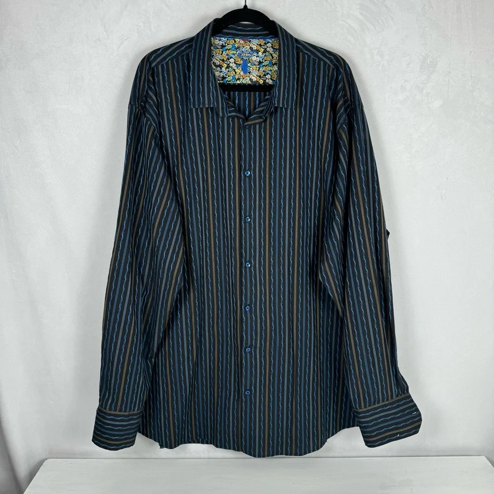 Luchiano Visconti Striped Blue-Black Men's Button-Down Long Sleeve Flip Cuff 3XL - Picture 1 of 8